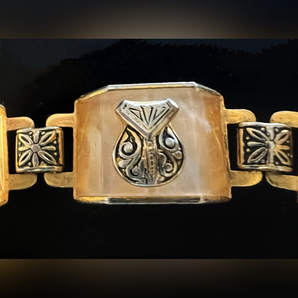 Vtg Damascene Style Lucite Insert Ornate Panel Bracelet - Picture 5 of 7